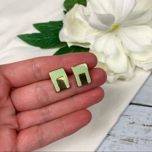 Vintage Green Enamel Gold Rectangle Stud Earrings